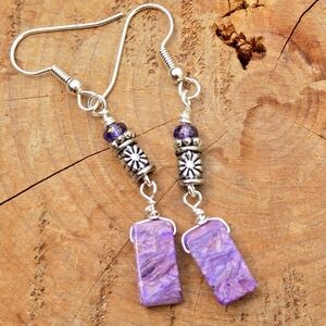 Silver Plated Purple Charoite Boho Flower Earrings Drop Dangle, New